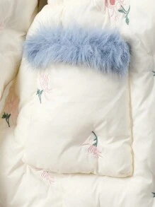 少女可爱温柔淑女优雅公主温暖蓬松领长款女童刺绣收腰休闲宽松厚风衣棉服外套，寒冷天气保暖 - 杏色 - 查看 4
