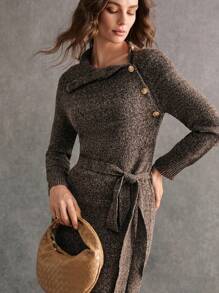 Poéselle 棕色碎花纱线优雅混纺高领金属纽扣长款系带毛衣裙，法式及膝高腰毛衣荷叶边针织连衣裙，女士毛衣，秋冬，办公室小妖精，商务装，优雅低调的时尚必备品，布里奇顿，法式，秋季服装，24 FW - 咖啡棕 - 查看 6