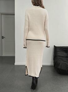SHEIN Clasi 2 件套女士休闲纯色立领长袖衬衫和 A 字裙套装 - 白色 - 查看 2