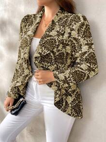 SHEIN Clasi بلايزر أنيق غير متماثل الذيل مطبوع لحجم كبير - كاكي - مشاهدة 6