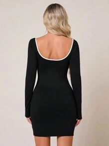 VARSITIE Vestidos de mujer de manga larga con cuello de corazón y borde contrastante, para otoño e invierno