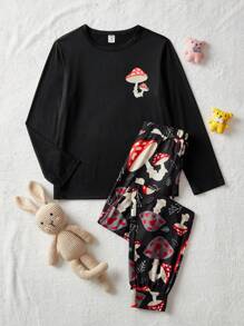 Conjunto informal de pijama con camiseta de manga larga de cuello redondo y pantalones con estampado de setas para niño preadolescente