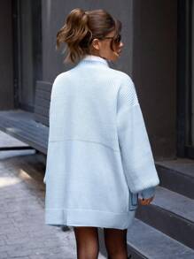 EURMUSE Knitwear Cardigan With Denim Detail Fall Winter Outwear Jacket - Baby Blue - View 2