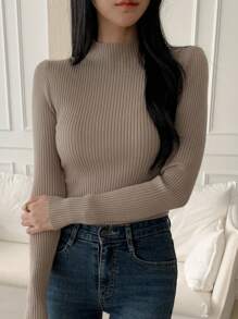 DAZY 1 件女式纯色修身套头衫、长袖上衣、秋季服装 - 巧克力棕 - 查看 4