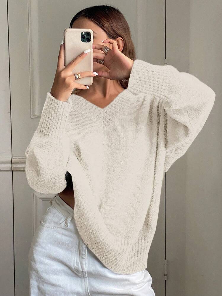 1pc Women Loose Casual Solid V-Neck Long Sleeve Sweater, Autumn/Winter