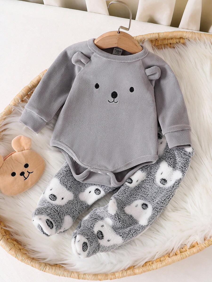SHEIN 2 件套男婴可爱熊图案长袖连体衣（含裤子），温暖舒适的家居服套装 - 灰色 - 查看 1