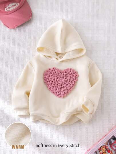 Cozy Pixies Áo nỉ chui đầu dài tay có mũ họa tiết trái tim 3D dễ thương cho bé gái, giản dị và đa năng, dệt kim mềm mại