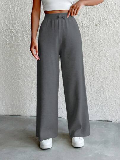 EURMUSE Women's Solid Color Waist Tie Wide Leg Loose Knit Pants, For Autumn/Winter