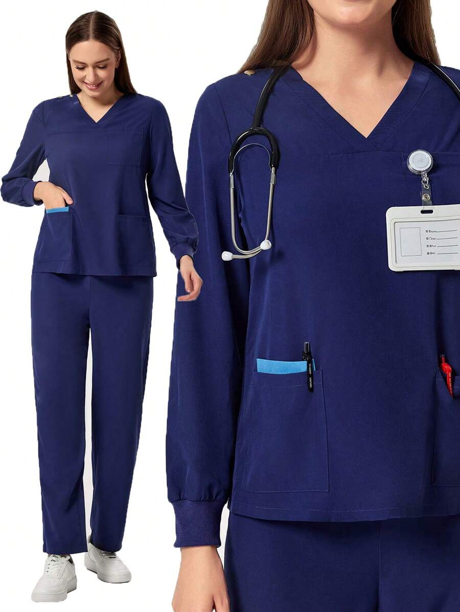 TaskEZ V领长袖4口袋撞色休闲女式T恤洗刷制服套装衬衫和女士工作服直筒裤健康检查手术洗刷制服套装女士纯色宠物美容工作洗刷制服套装营养师工作服短袖实验室工作服女式两件套，多口袋功能性工作服，上衣领口带拉链方便穿脱，下身松紧腰带方便穿脱 - 藏蓝色 - 查看 1