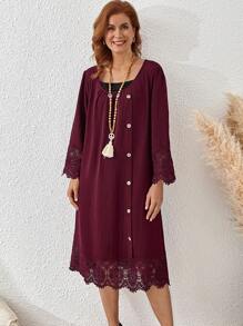 EMERY ROSE Plus Size Women's Button Decor Lace Splice Sleeve Loose Long Dress Burgundy Color Women Outfit - Burgundy - View 4