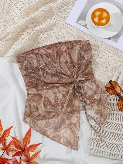 SHEIN VCAY 1 件女士度假针织网眼肩部镂空印花不对称下摆短款上衣