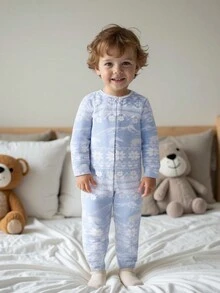 Young Boy Cozy Polar Bear & Iceberg Print Blue & White Long Sleeve Jumpsuit Snug Fit Sleepwear, For Christmas - Blue and White - View 2