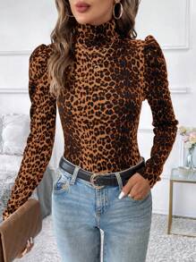 SHEIN Clasi 女士豹纹金属纽扣装饰羊腿袖立领长袖 T 恤