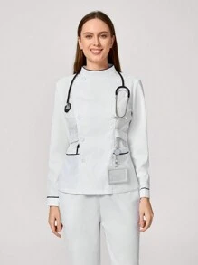 TaskEZ Contrast Trim Long Sleeve Button Front Shirt And Pants Scrub Uniform Set - White - View 4