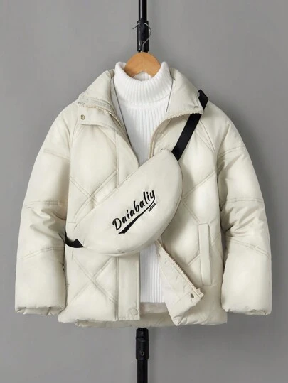 SHEIN 设计师原创立领厚宽松精致时尚防风保暖夹棉大衣适合街头穿着