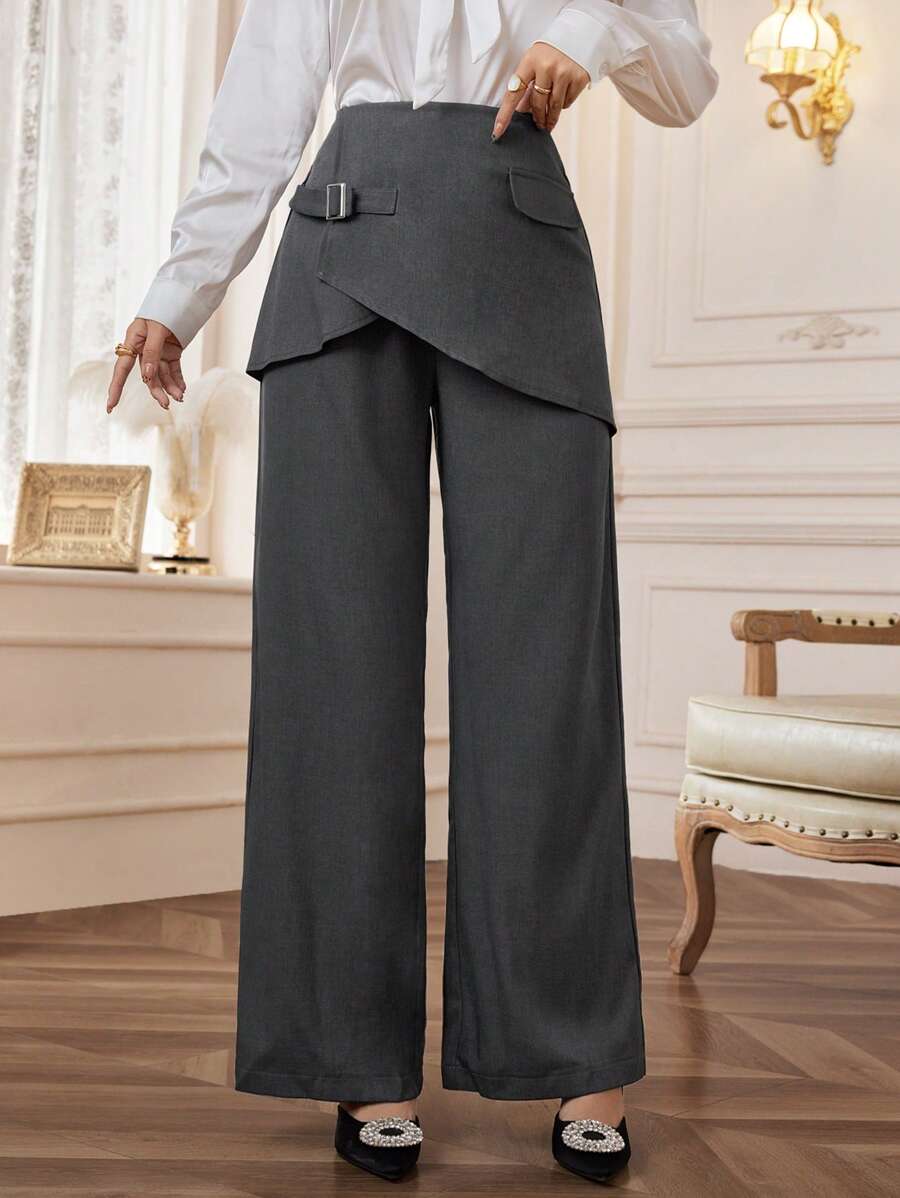 Modelyn Women's Solid Color Covered Button High Waist Straight Loose Elegant Pants Fall Cloth For Women - Dark Grey - View 1