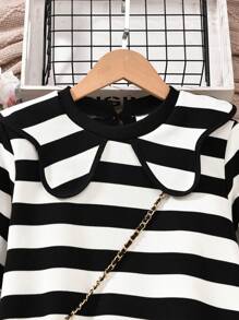 SHEIN Tween 女童彼得潘领长袖黑白条纹 A 字裙 - 黑與白 - 查看 7