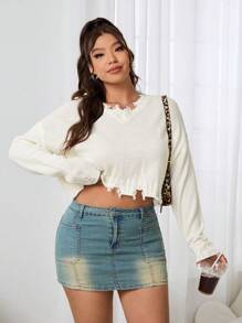 SHEIN EZwear 女式加大码纯色做旧落肩长袖休闲套头毛衣，白色 - 白色 - 查看 3