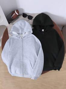SHEIN 2pcs Tween Girls Casual Cute Daily Comfortable Simple Knit Black & Gray Hooded Long Sleeve, Suitable For Outings, School, Daily Gatherings, Autumn/Winter Season