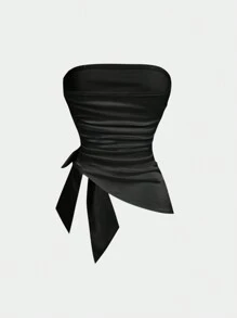 SHEIN MOD Women's Solid Color Ruched Bandeau Crop Top With Bow,Satin,Elegant - Black - View 3