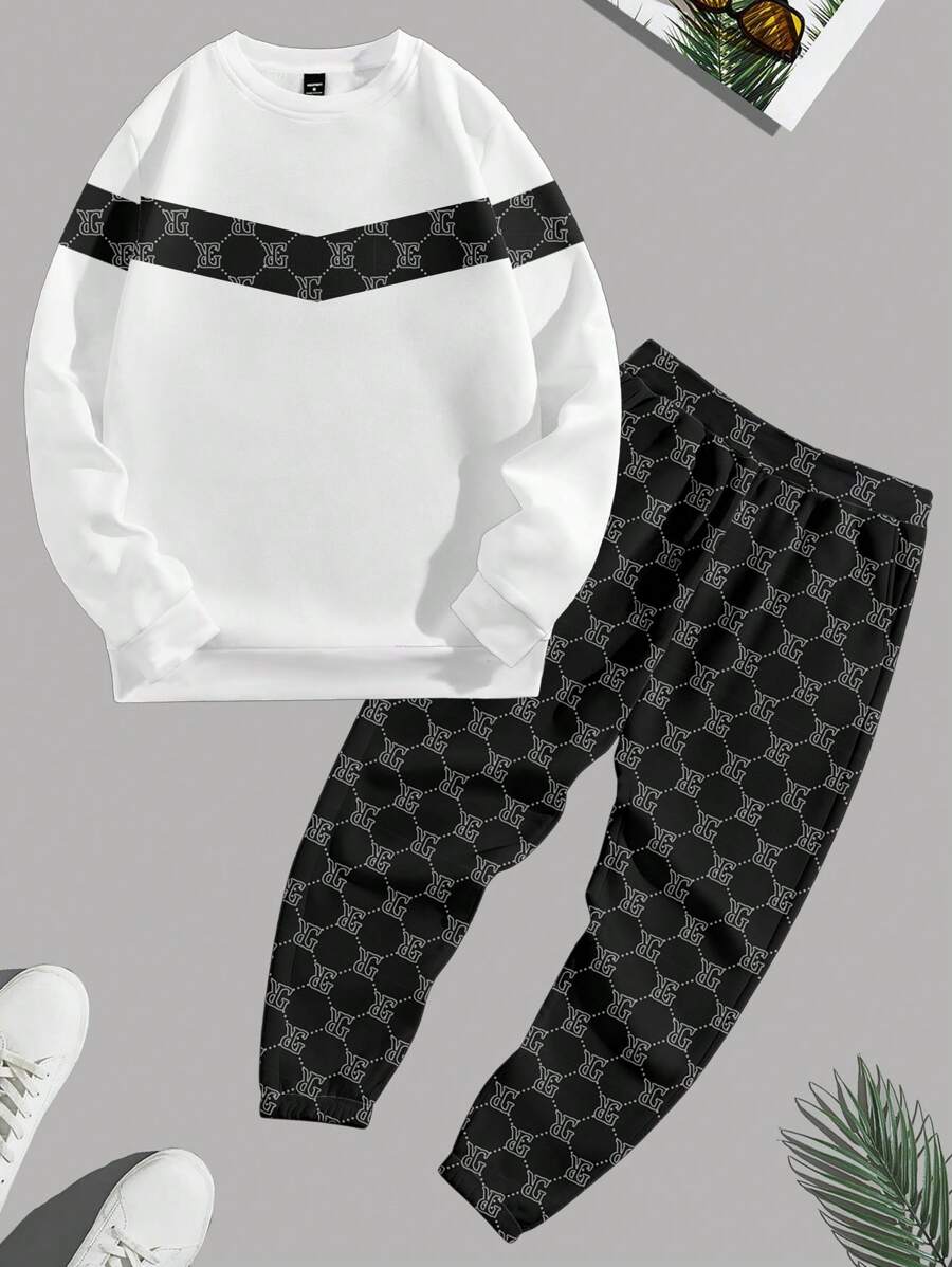 Manfinity Homme 男士休闲撞色字母图案卫衣和运动裤套装，舒适穿搭，秋季服装 - 白色 - 查看 1