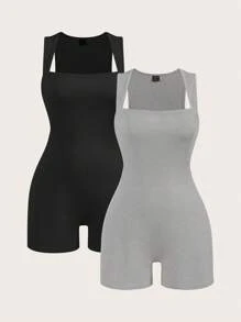 SHEIN BASICS 2 件套女士休闲纯色针织紧身丁字背连体衣 - 灰色 - 查看 1