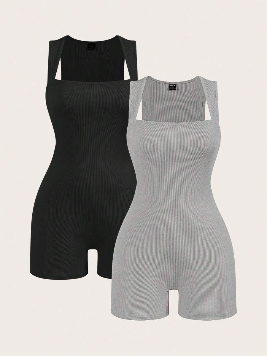 SHEIN BASICS 2 件套女士休闲纯色针织紧身丁字背连体衣 - 灰色 - 查看 1