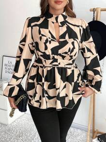 SHEIN Frenchy Plus Size Women Geometric Print Keyhole Neck Lantern Sleeve Casual Shirt, Autumn - Multicolor - View 1
