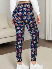 Quần legging thể thao thường ngày thời trang Giáng sinh cho nữ, vải nỉ co giãn cao màu xanh navy họa tiết bông tuyết, mềm mại & thoải mái, thích hợp cho tập thể dục, chạy bộ, yoga - Màu xanh hải quân - Xem 3