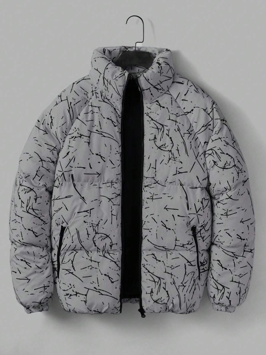 SHEIN Cottnline 男士时尚全印花立领夹棉大衣,冬季 - 灰色 - 查看 1