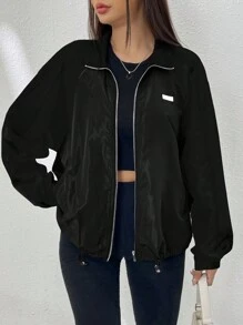 SHEIN EZwear Spring Colorblock Raglan Sleeve Drawstring Hem Zip Up Windbreaker Jacket In Fall/Winter - Black - View 3