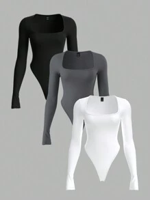 SHEIN BASICS 3pcs/Set Women Solid Color Knit Long Sleeve Crew Neck Bodysuit With Thermal Lined, Warm Tight Fit, Cozy Chic