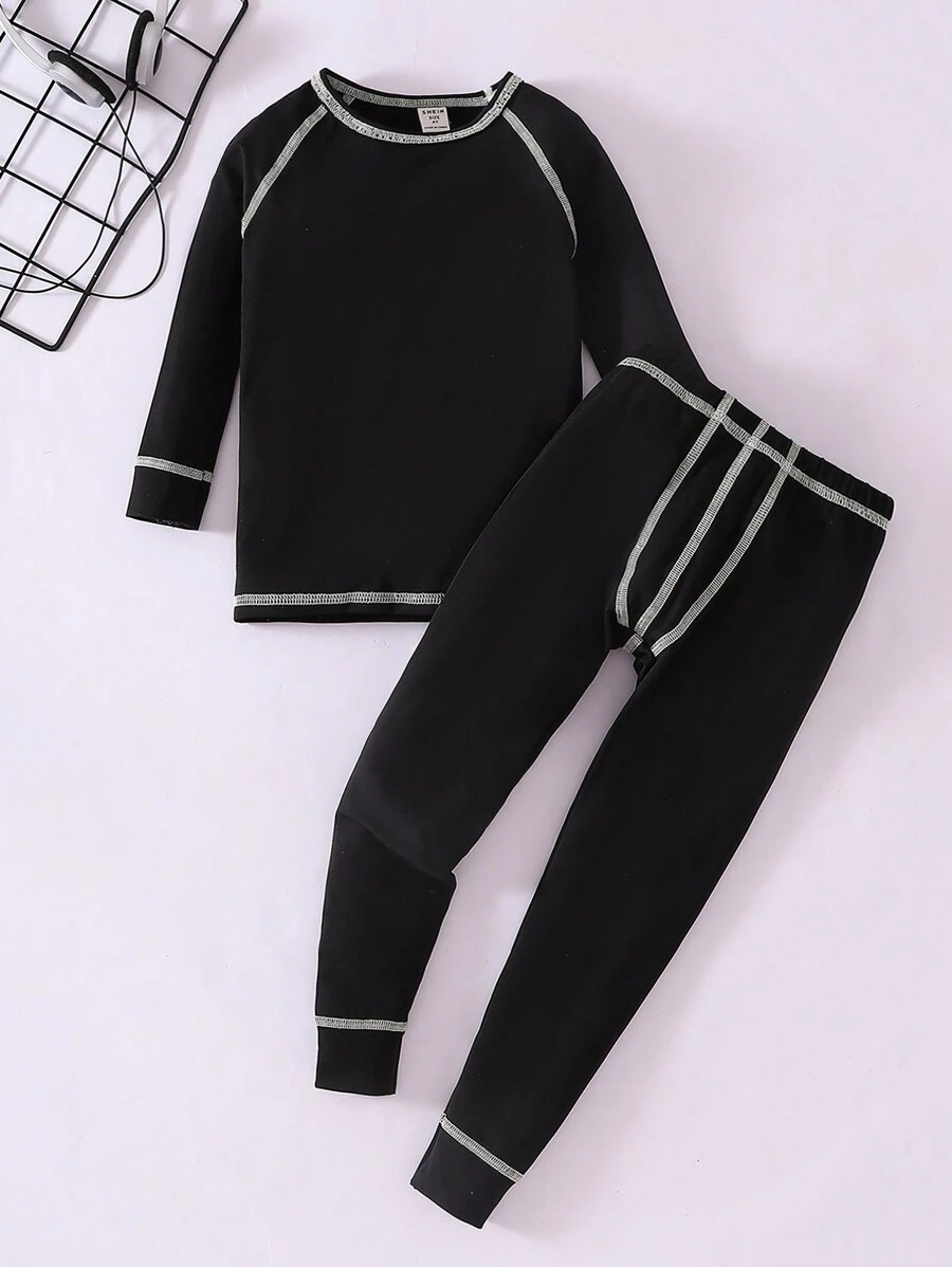 Young Boy Navy Simple Solid Color Thermal Long Sleeve Underwear Set With Long Pants - Black - View 1