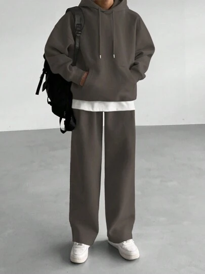 DAZY Män Enfärgad långärmad dragsko Luvtröja och träningsbyxor Casual 2 delar set, höst