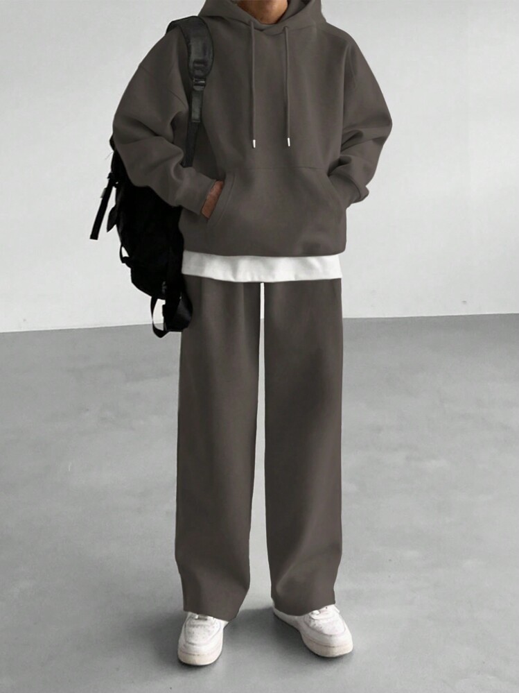DAZY 男士纯色长袖抽绳连帽衫和运动裤休闲两件套，秋季 - 深灰色 - 查看 1