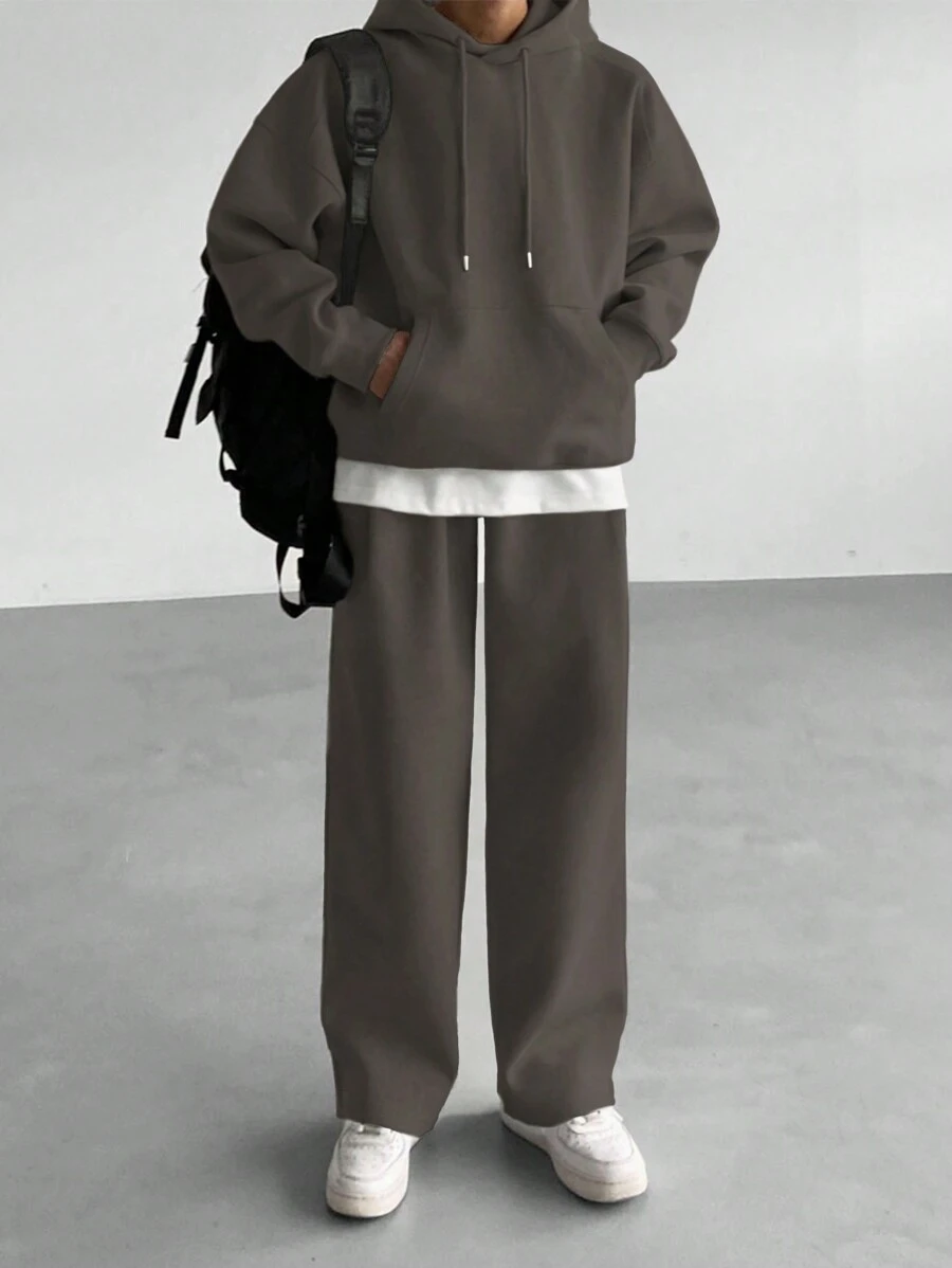 DAZY Men Solid Color Long Sleeve Drawstring Hoodie And Sweatpants Casual 2 Pieces Set, Autumn - Dark Grey - View 1