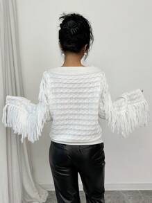 Chiquease 1 chiếc áo len nữ dáng rộng có dây rút và tua rua, thích hợp mặc mùa thu/đông. - trắng - Xem 2