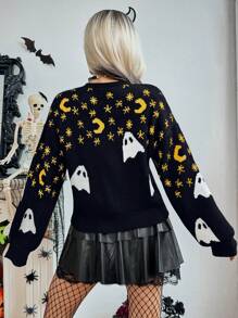 Chiquease Áo len cardigan dài tay cổ chữ V cài nút phía trước dành cho nữ, họa tiết ma và mặt trăng chủ đề Halloween, họa tiết ngôi sao - Nhiều màu - Xem 2