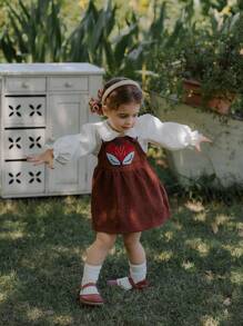 SHEIN Bộ 2 váy liền thân tay bồng cổ Peter Pan màu trơn và dây đeo cho bé gái mùa xuân/thu, thích hợp cho việc đi chơi - Nhiều màu - Xem 4