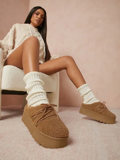 SHUZIA 女式可爱日常羊羔绒毛系带栗色棕色平底纯色鞋底凉鞋圣诞假期秋冬季度假氛围