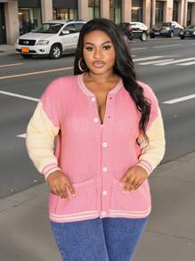 Slaydiva Chaqueta con botones de punto con bloques de color y ribetes a rayas para el otoño/invierno, de uso diario informal, con bolsillos dobles, talla grande
