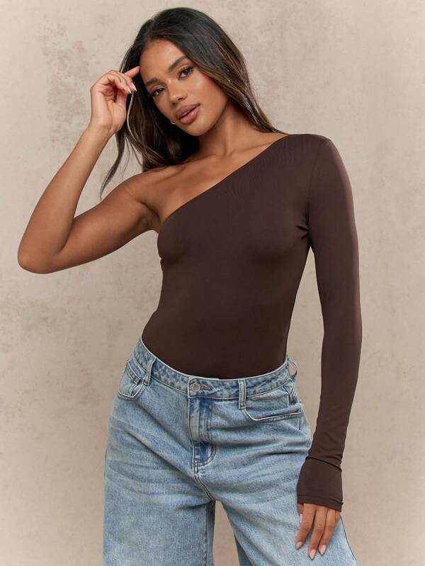 MISSGUIDED Body de manga larga de un solo hombro, esencial para otoño e invierno, con cuello asimétrico, ajustado, para fiestas, salidas nocturnas, de moda y elástico