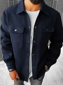 Manfinity Homme Áo khoác nam cài nút hở phía trước, phong cách tối giản cho người hướng ngoại, quần áo mùa thu - Màu xanh hải quân - Xem 4