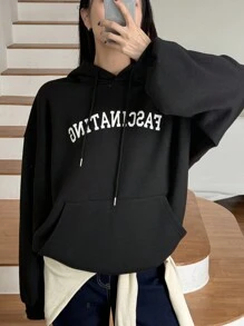 Dazy-Less 1pc Women Solid Color Loose Thermal Lined Hooded Sweatshirt With Letter Graphic,Fall Women Clothes