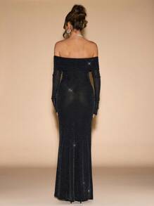 SHEIN BAE 女士露肩长袖亮片鱼尾下摆连衣裙 - 黑色 - 查看 2