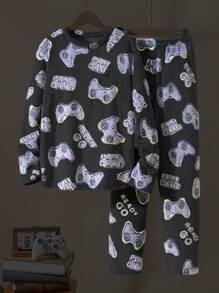 青少年男孩舒适温暖灰色简约游戏夜光蓬松长裤和长袖两件套睡衣套装 - 灰色 - 查看 3