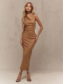 SHEIN X LOS FAVORITOS DE KARIME PINDTER MISSGUIDED Robe de soirée élégante en faux à encolure ras-du-cou, longueur mi-mollet. Robe de cérémonie formelle à col montant, moulante, pour les fêtes. Robe de mariée invité, longue, pour l'hiver et l'automne. - Tabac - Voir 5