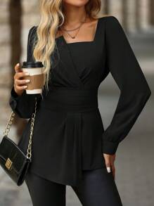 Solivie Women's Solid Color Asymmetrical Ruched Long Sleeve Elegant Blouse, Autumn,Long Sleeve Tops