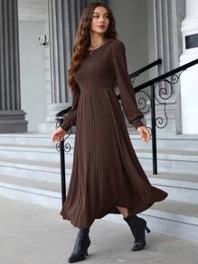 EMERY ROSE 女士圆领红色连衣裙灯笼袖罗纹紧身冬季连衣裙 - 棕色 - 查看 4