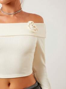 SHEIN SXY Fall Winter Thanksgiving New Years Rave Festival Formal Autumn/Winter Elastic 3D Crochet Mock Neck Sexy & Elegant T-Shirt - White - View 3